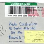 Letter sent by Kenndy Law Firm to Evolve Construction's Nashville location, which was returned to sender. (Contributed by Ryan Thompson)