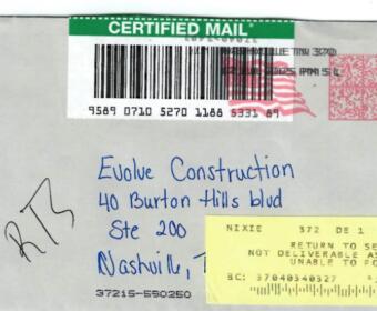 Letter sent by Kenndy Law Firm to Evolve Construction's Nashville location, which was returned to sender. (Contributed by Ryan Thompson)