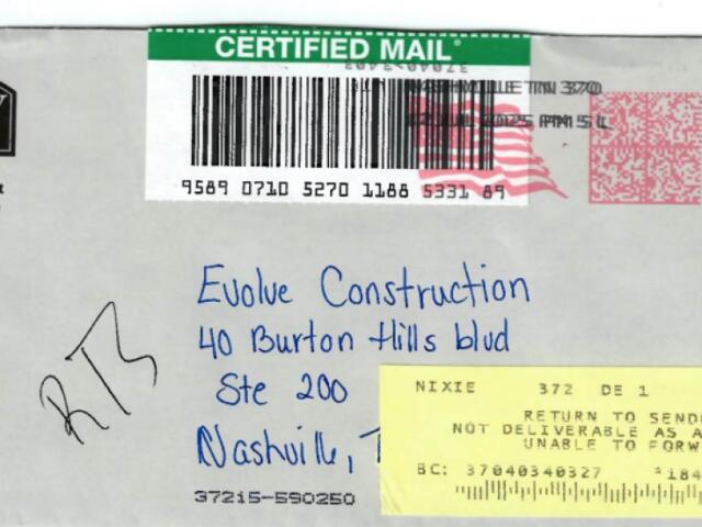 Letter sent by Kenndy Law Firm to Evolve Construction's Nashville location, which was returned to sender. (Contributed by Ryan Thompson)