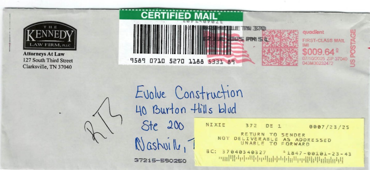 Letter sent by Kenndy Law Firm to Evolve Construction's Nashville location, which was returned to sender. (Contributed by Ryan Thompson)