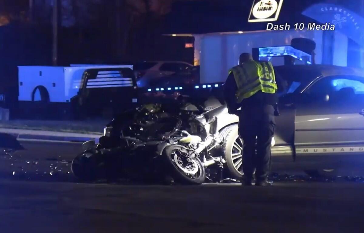A motorcycle crashed with a car on Fort Campbell Boulevard on March 8, 2026. (Enrique Hernandez, Dash 10 Media)