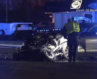 A motorcycle crashed with a car on Fort Campbell Boulevard on March 8, 2026. (Enrique Hernandez, Dash 10 Media)