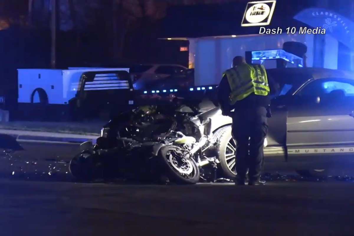 A motorcycle crashed with a car on Fort Campbell Boulevard on March 8, 2026. (Enrique Hernandez, Dash 10 Media)