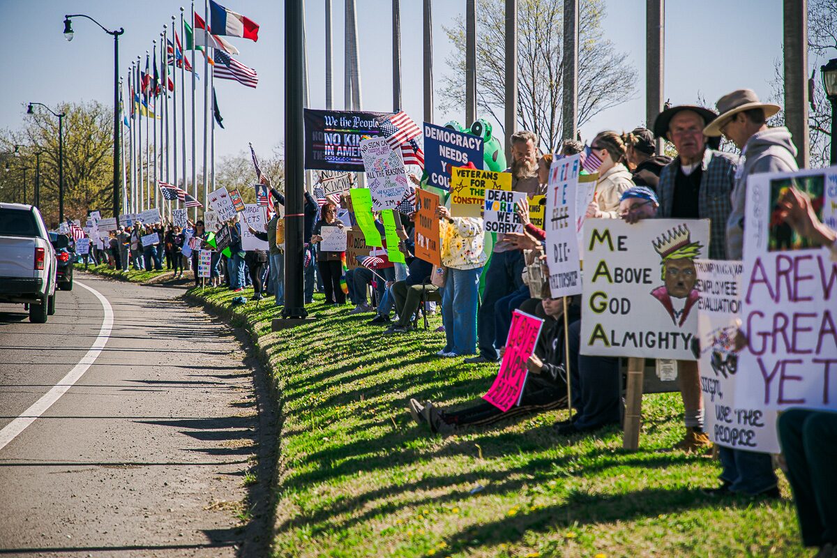 Participants gather during the No Kings protest at McGregor Park on March 28, 2026. (Wesley Irvin)
