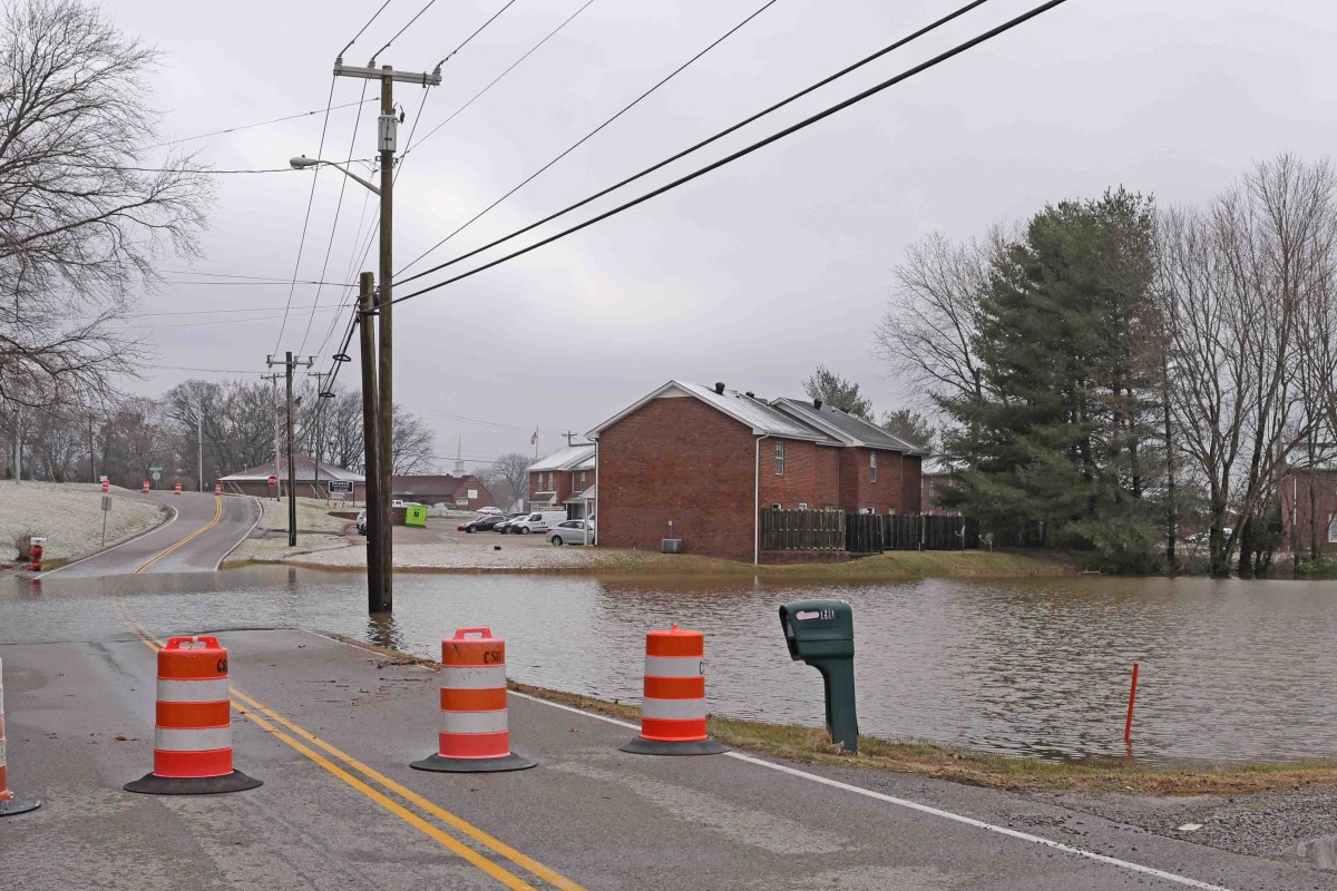 Water overflowing near the intersection of Old Russellville Pike and Dunbar Cave Road in February 2025. (Jim Knoll contributed)