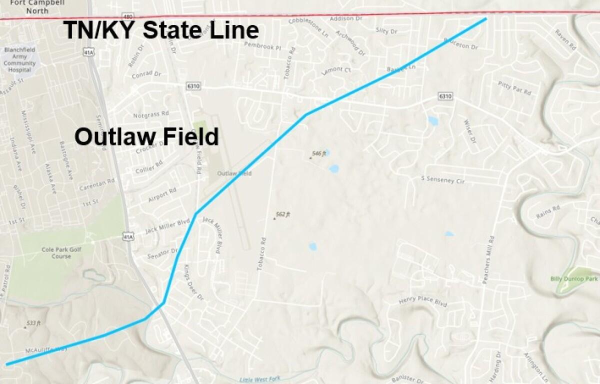 The path of the March 15, 2026, tornado across north Clarksville. (National Weather Service)