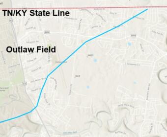 The path of the March 15, 2026, tornado across north Clarksville. (National Weather Service)