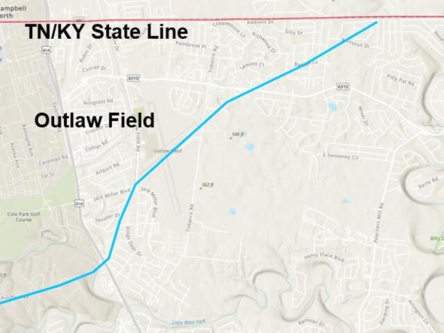 The path of the March 15, 2026, tornado across north Clarksville. (National Weather Service)