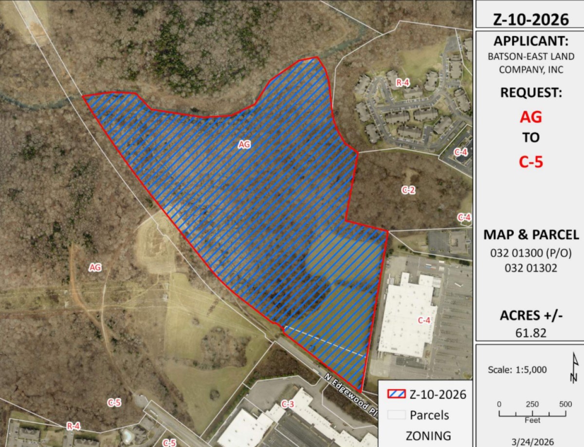 Zoomed in aerial map of proposed rezone near the intersection of Wilma Rudolph Boulevard and North Edgewood Place. (Regional Planning Commission, contributed)
