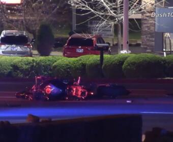 A motorcycle and semi crashed on Fort Campbell Boulevard on March 14, 2026. (Enrique Hernandez, Dash 10 Media)