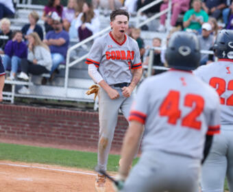 Baseball player in a Cobra gray uniform celebrates on the dirt field with clenched fists while teammates approach and fans watch from the stands.