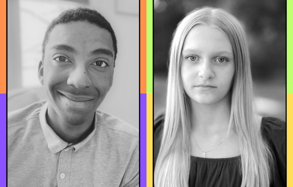 Two black-and-white headshots side by side: a smiling young man on the left and a neutral-looking young woman on the right, each in a black frame with a colorful border.