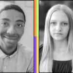 Two black-and-white headshots side by side: a smiling young man on the left and a neutral-looking young woman on the right, each in a black frame with a colorful border.