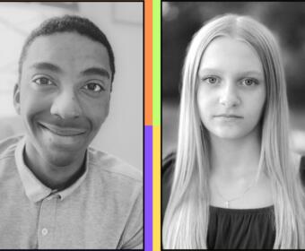 Two black-and-white headshots side by side: a smiling young man on the left and a neutral-looking young woman on the right, each in a black frame with a colorful border.