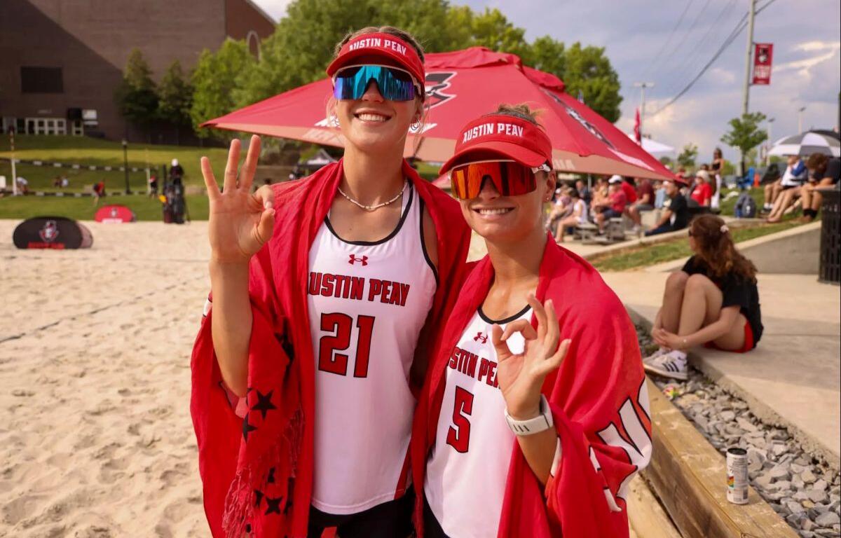 Austin Peay's Beach Volleyball team took down Tennessee Tech on Saturday, April 11, at Atkins Family Beach Volleyball Facility. (Knox Rives, Austin Peay Athletics)