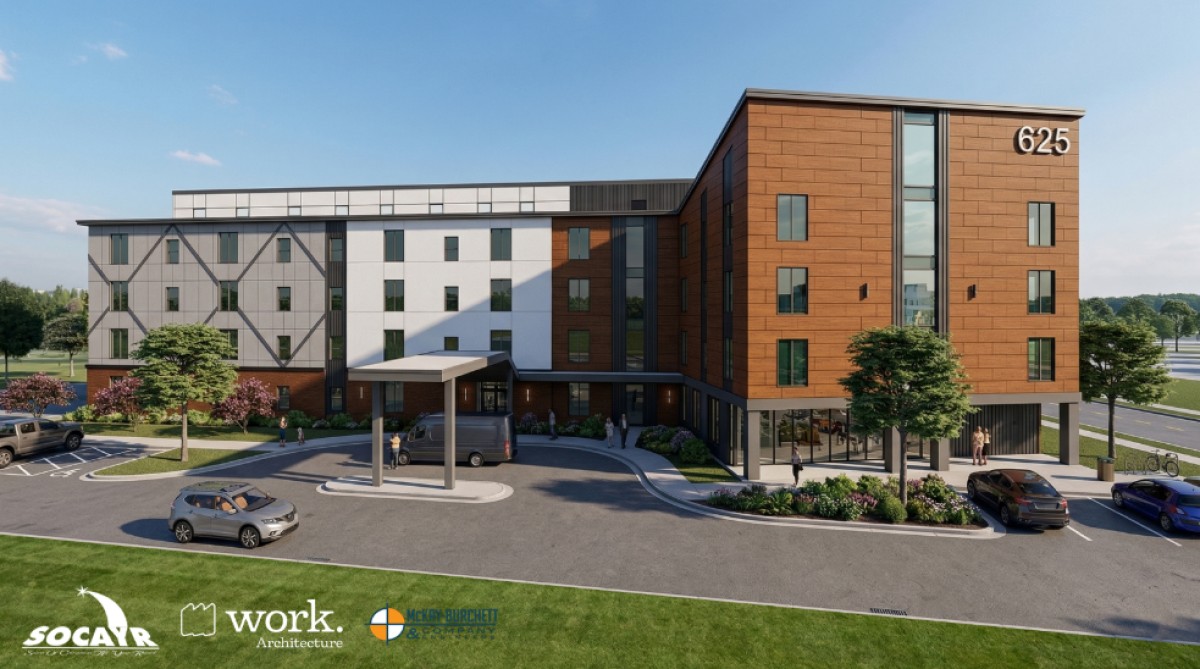 Renderings shared for the proposed development of affordable senior housing at the Frosty Morn property. (Regional Planning Commission, Contributed)