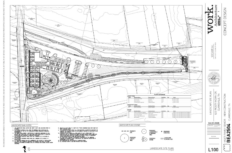 Site plans shared for the proposed development of affordable senior housing at the Frosty Morn property. (Regional Planning Commission, Contributed)