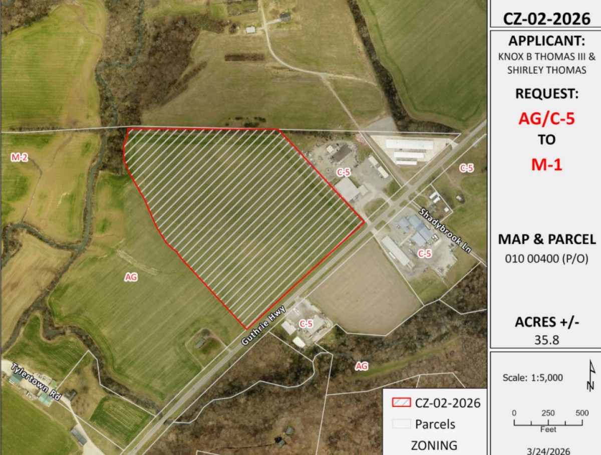 Zoomed in aerial overview of proposed rezone off Guthrie Highway in Montgomery County. (Regional Planning Commission Contributed)