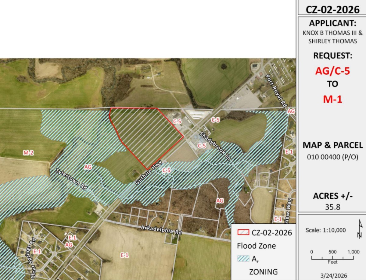 Overview of proposed rezone off Guthrie Highway in Montgomery County with mapped out flood zone. (Regional Planning Commission Contributed)