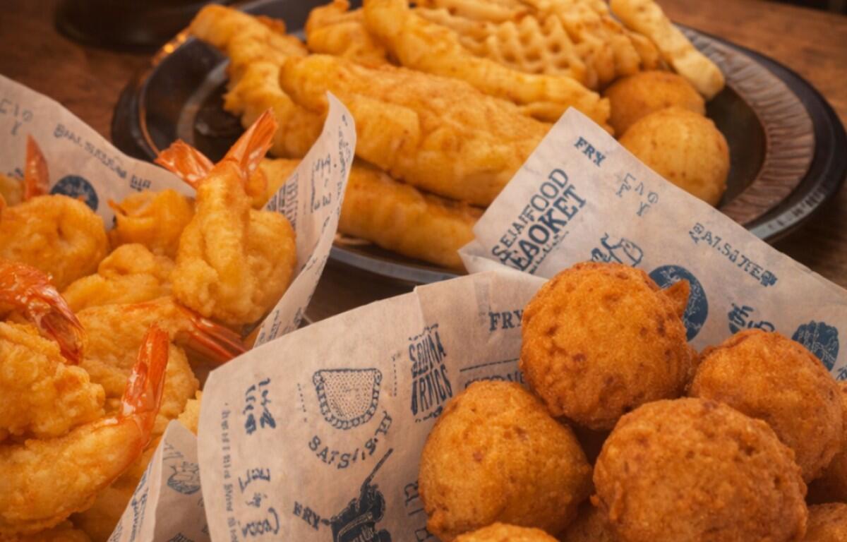 Assorted fried appetizers on a wooden table, including shrimp, hush puppies, and battered balls on parchment paper.