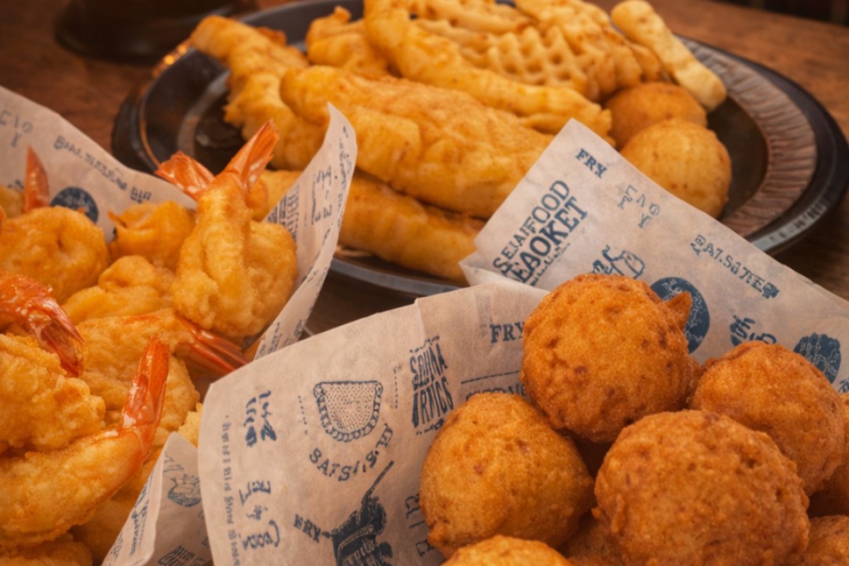Assorted fried appetizers on a wooden table, including shrimp, hush puppies, and battered balls on parchment paper.