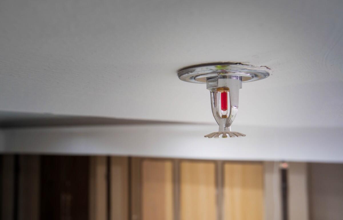 Close-up of a small recessed ceiling light fixture mounted to a white ceiling, showing metal housing and a red inner component.