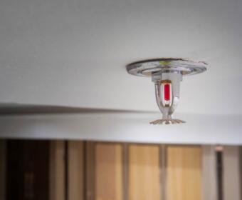 Close-up of a small recessed ceiling light fixture mounted to a white ceiling, showing metal housing and a red inner component.