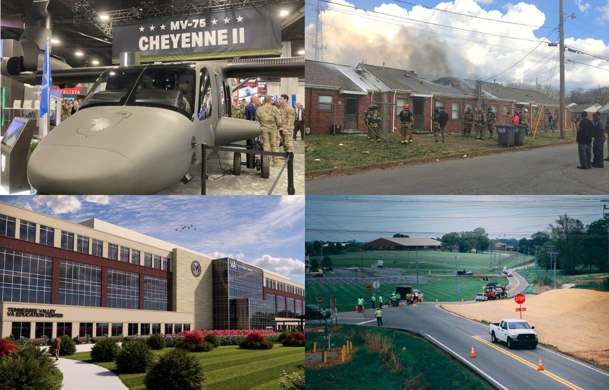 Military aircraft on display indoors with a banner reading 'MV-75 CHEYENNE II' above the cockpit, at an exhibition. (:informative)