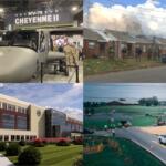 Military aircraft on display indoors with a banner reading 'MV-75 CHEYENNE II' above the cockpit, at an exhibition. (:informative)