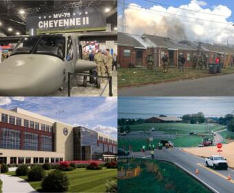 Military aircraft on display indoors with a banner reading 'MV-75 CHEYENNE II' above the cockpit, at an exhibition. (:informative)