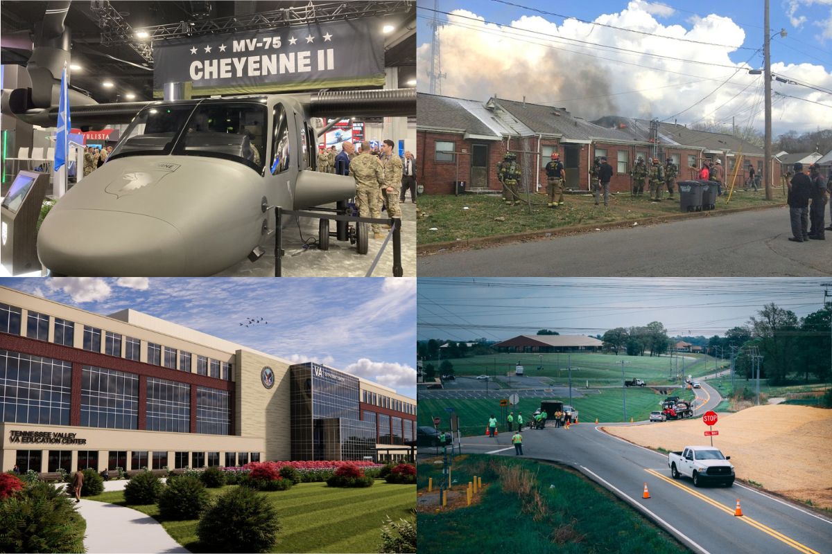 Military aircraft on display indoors with a banner reading 'MV-75 CHEYENNE II' above the cockpit, at an exhibition. (:informative)