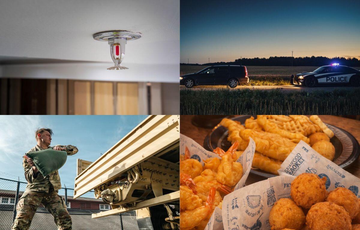 Ceiling-mounted red fire sprinkler head in a room.
