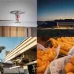 Ceiling-mounted red fire sprinkler head in a room.