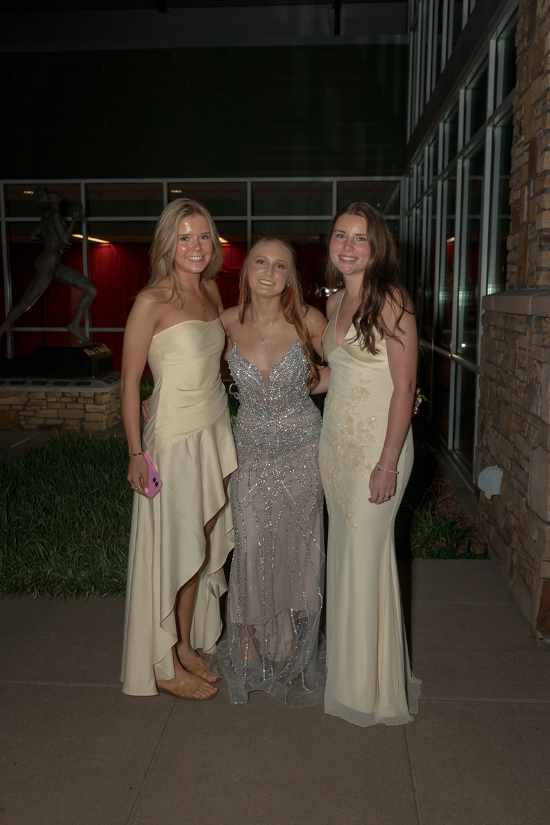 Three women in formal gowns pose together outside at night, smiling for the camera.