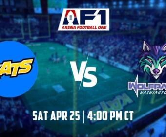 AAF1 promo graphic: Kats vs Wolfpack Washington, Apr 25, 4:00 PM CT, stadium backdrop with crowd.