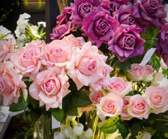 Vibrant display of pink and purple rose bouquets in a florist shop window.