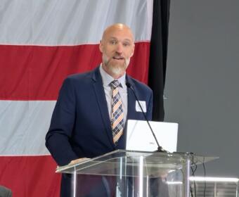 Clarksville mayor candidate Brian Zacharias speaks at the Clarksville Industrial Association meeting on May 7, 2026. (Chris Smith)