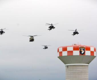 A flyover of 101st helicopters at the 101st Airborne Division and Fort Campbell Change of Command Ceremony on July 20, 2023. (Lee Erwin)