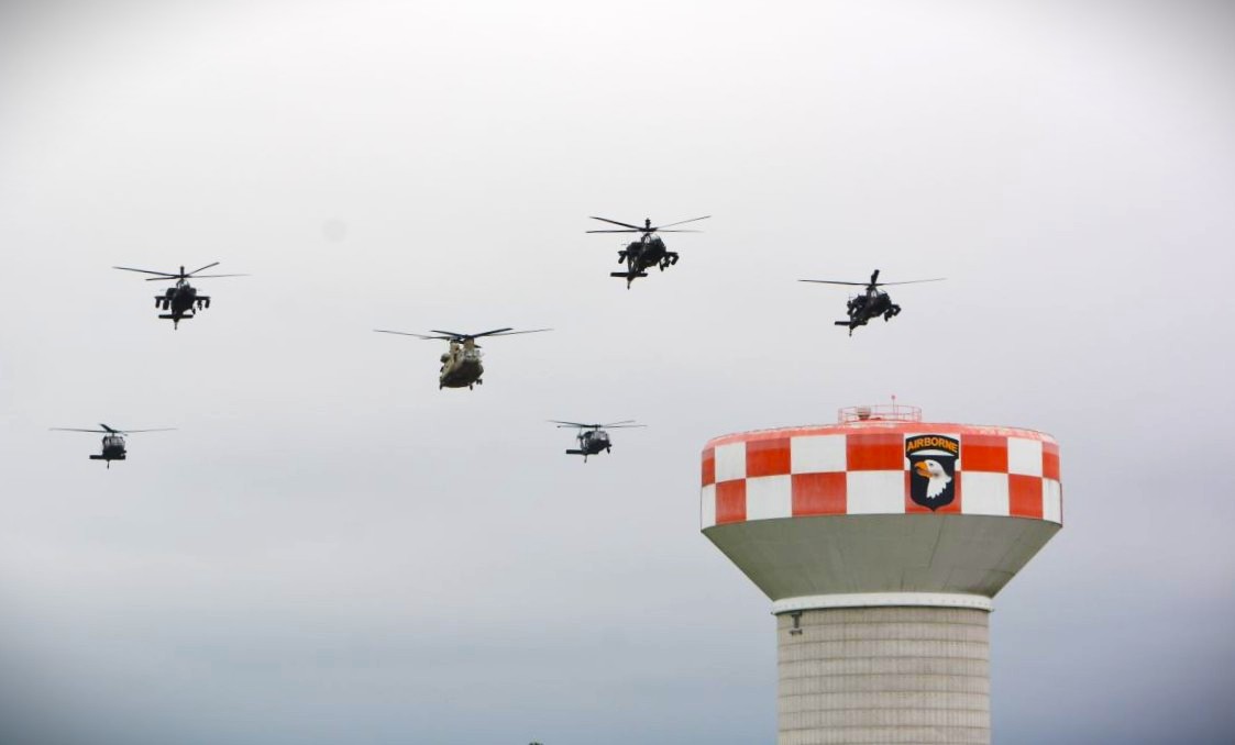 A flyover of 101st helicopters at the 101st Airborne Division and Fort Campbell Change of Command Ceremony on July 20, 2023. (Lee Erwin)
