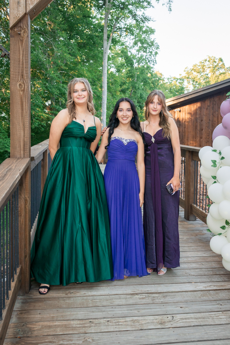 Three young women in formal gowns pose on a wooden deck with green trees in the background, smiling at the camera.