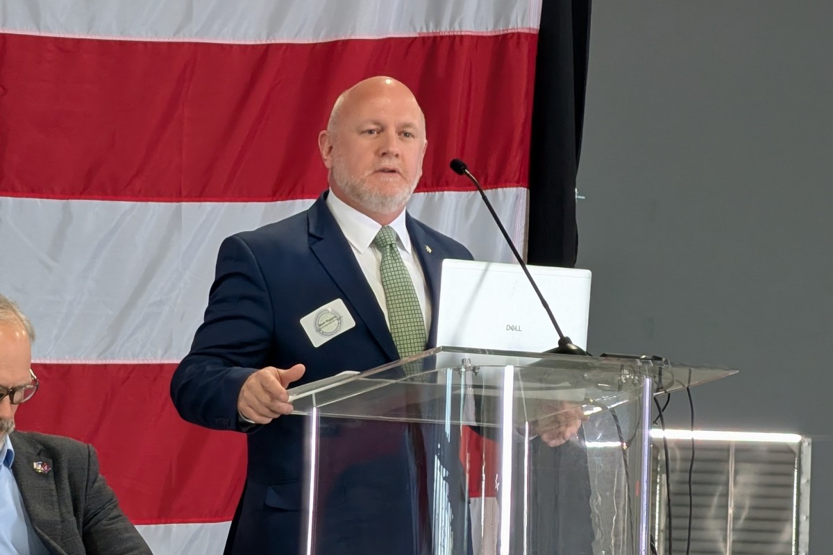 Clarksville mayor candidate Mark Riggins speaks at the Clarksville Industrial Association meeting on May 7, 2026. (Chris Smith)