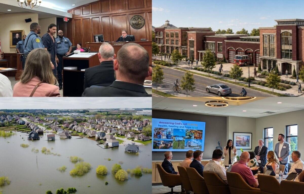 Clockwise from the top left, arraignment hearing, PSC renderings, Ascension Clarksville, Farmington.