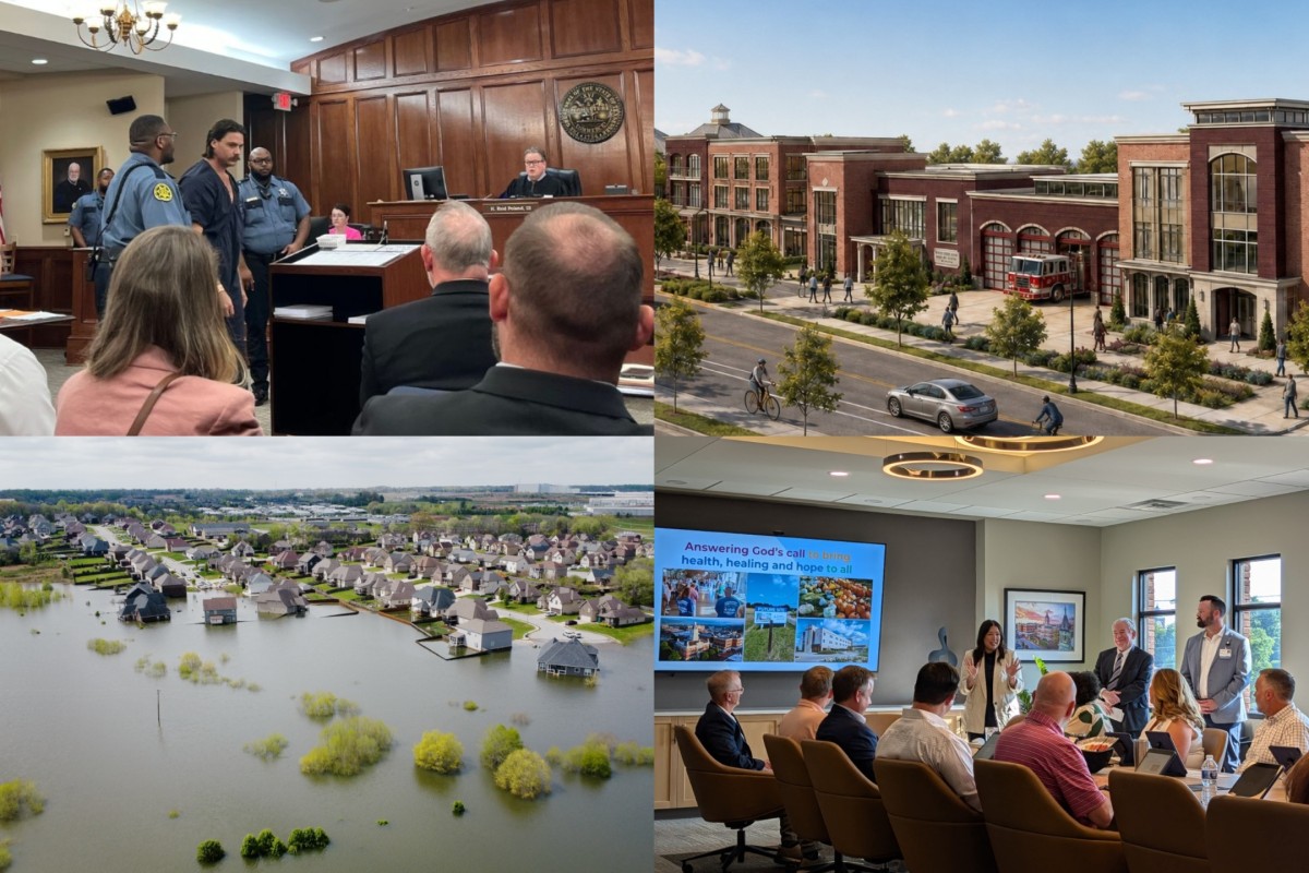 Clockwise from the top left, arraignment hearing, PSC renderings, Ascension Clarksville, Farmington.