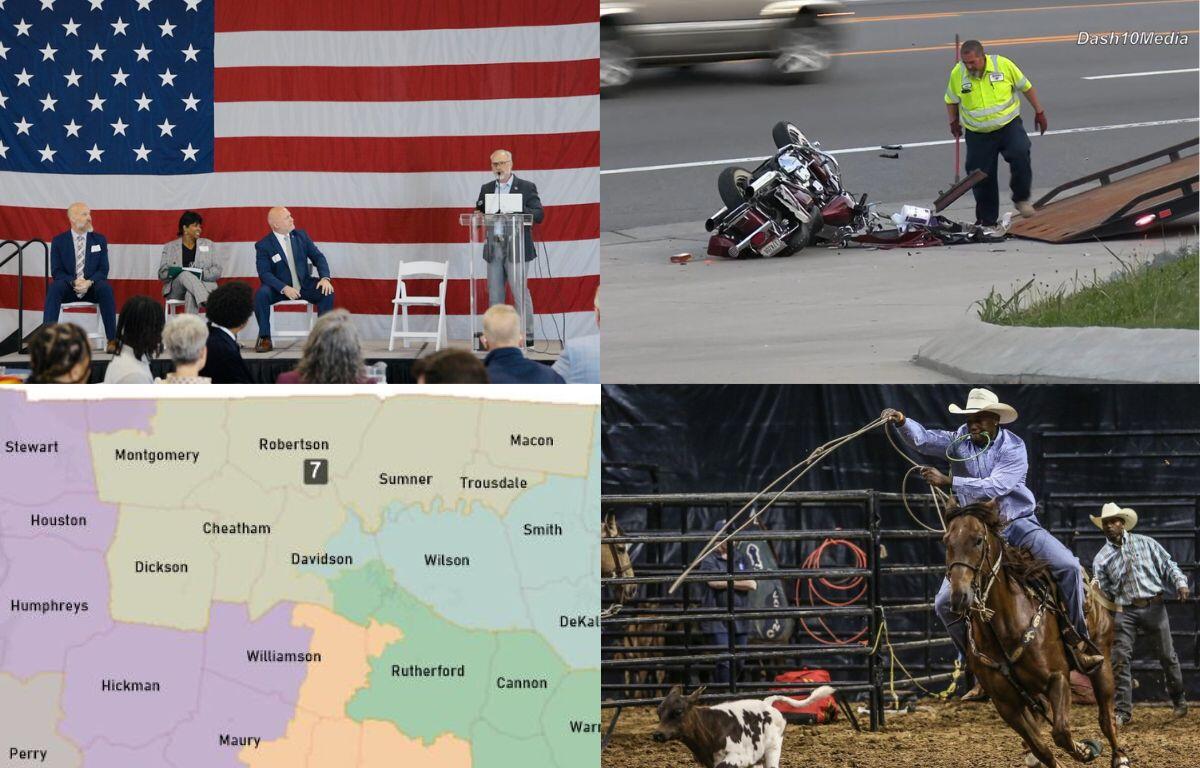Clockwise from the top left, mayor's forum, motorcycle crash, Black rodeo and Tennessee redistricting.