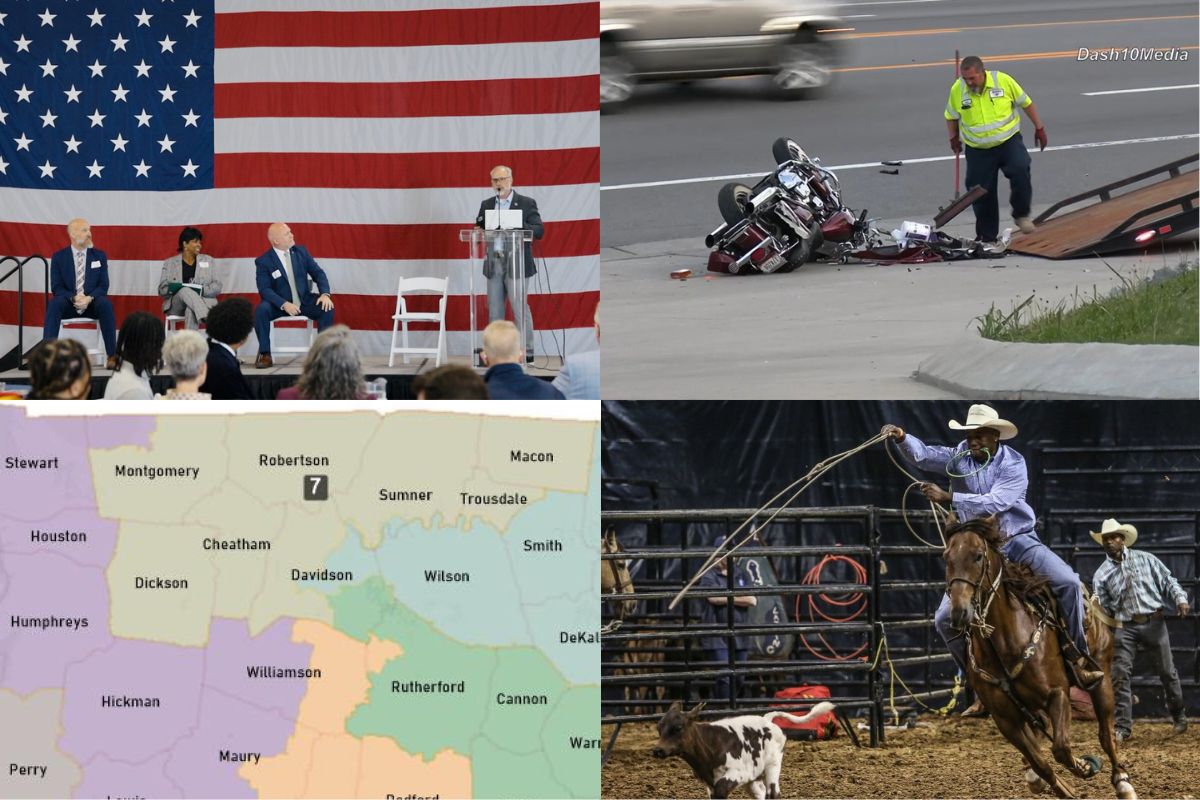 Clockwise from the top left, mayor's forum, motorcycle crash, Black rodeo and Tennessee redistricting.