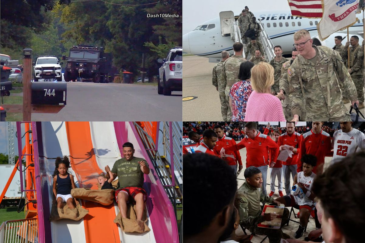 Clockwise from the top left, police standoff, Fort Campbell troop return, Govs basketball and summer fun guide.