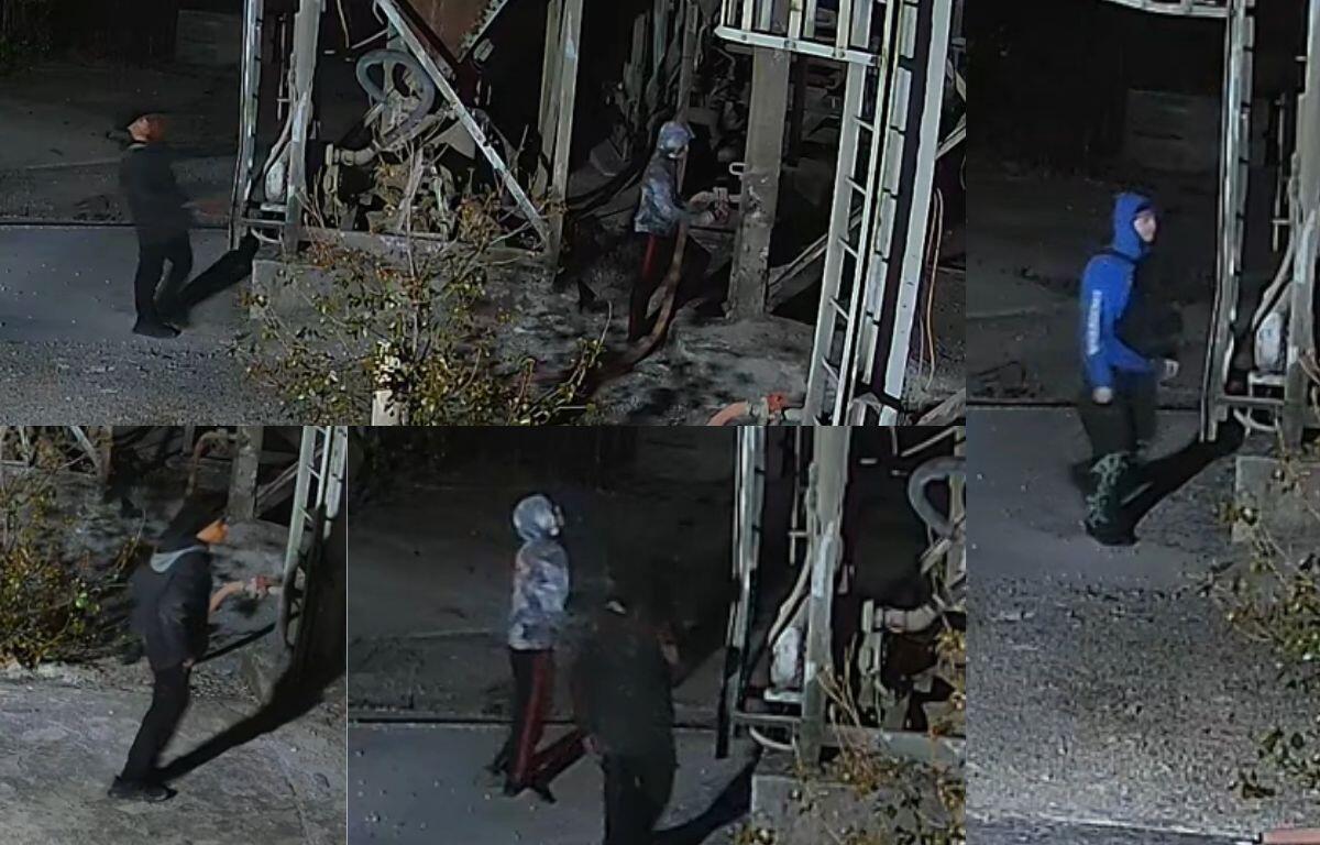 Nighttime collage of people around a damaged building with exposed framing and debris; a person in a blue hoodie stands on the right.