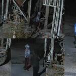 Nighttime collage of people around a damaged building with exposed framing and debris; a person in a blue hoodie stands on the right.