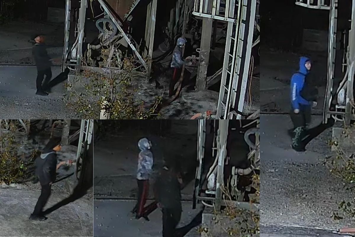 Nighttime collage of people around a damaged building with exposed framing and debris; a person in a blue hoodie stands on the right.