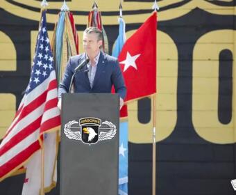 Secretary of War Pete Hegseth awards Purple Heart medals during a pinning ceremony at the Sabalauski Air Assault School at Fort Campbell, Kentucky on May 18, 2026. (Contributed, Department of War)